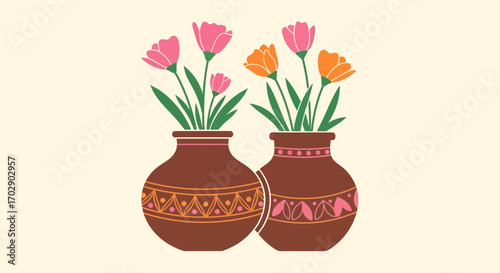 Two decorative terracotta vases filled with vibrant pink and orange tulip-like flowers, set against a soft, neutral background.