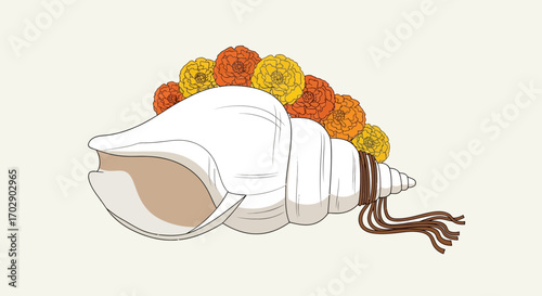 Ornate conch shell adorned with marigold flowers, tied with dark cord.
