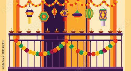 A festive balcony adorned with traditional hanging lanterns, glowing diyas, and colorful flower garlands for a celebration.