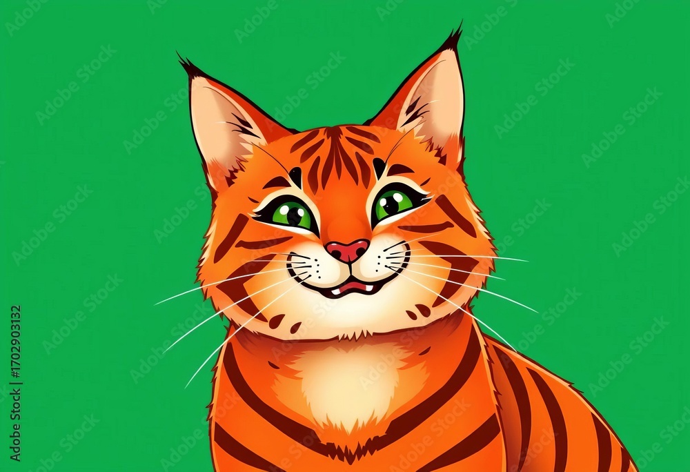 Fototapeta premium Smiling red tiger cat with emerald green background, whimsical kawaii style , kitten, fantasy