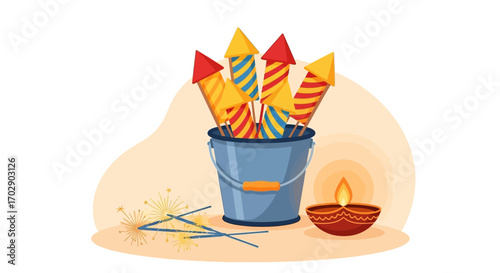 A bucket filled with fireworks rockets sits next to a lit diya lamp and spent sparklers on a light background, suggesting a celebration.