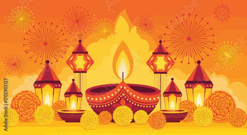 Diwali celebration depicted with traditional lamps, lanterns, and fireworks.