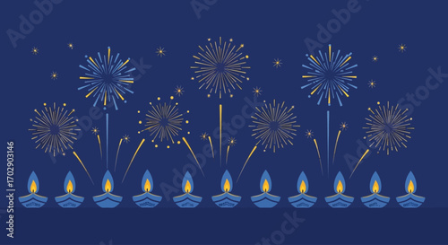 Colorful fireworks and diyas (lamps) celebrate a festival.