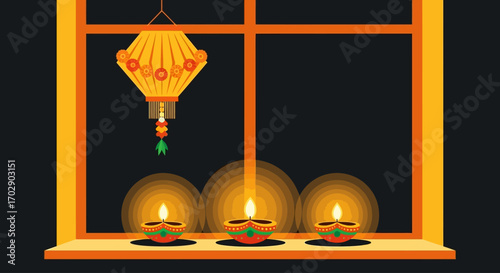 Diwali window display with traditional paper lanterns and oil lamps.