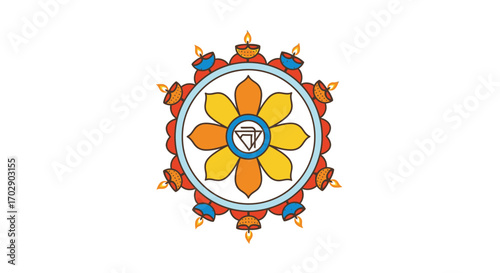 Colorful circular design with multiple diyas and floral patterns, likely a religious symbol.