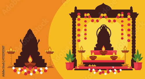 Hindu shrine illustration, featuring a deity and decorative elements, with a side view of an altar.