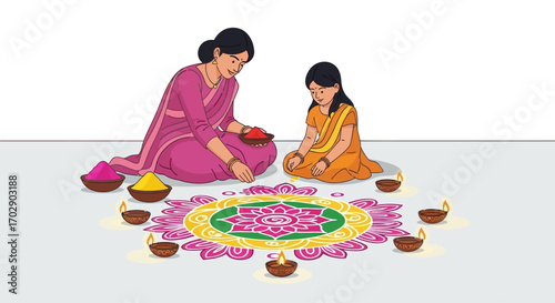 Mother and daughter creating a vibrant Rangoli design with colorful powders and diyas for Diwali.