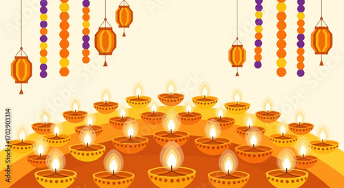 A vibrant display of numerous lit oil lamps arranged in rows, adorned with hanging decorative garlands and lanterns, symbolizing a festive celebration.