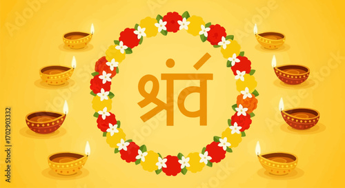A vibrant circular arrangement of colorful flowers and lit diyas surrounds a Sanskrit word, creating a festive and spiritual atmosphere.