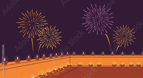 Festive night sky illuminated by colorful fireworks bursting above a long, decorative wall lined with numerous glowing oil lamps, creating a celebratory atmosphere.
