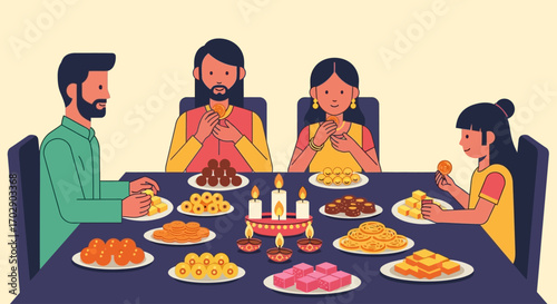 An Indian family enjoys a festive meal with a table full of traditional sweets and lit candles.