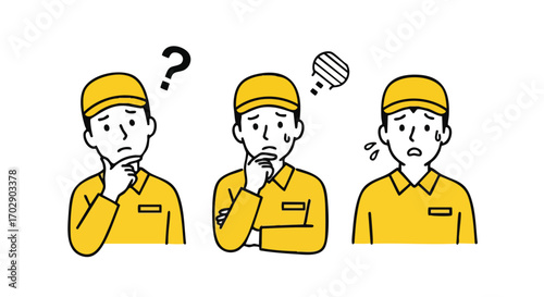 Confused worker showing doubt and stress with question marks and sweat droplets