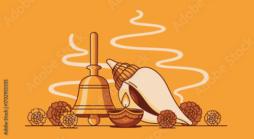Illustration of Hindu puja elements: bell, conch shell, diya lamp, rudraksha beads, and incense smoke on an orange background.