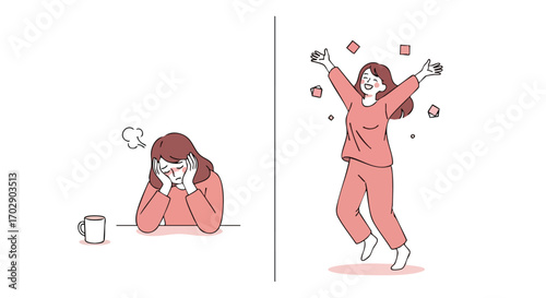 Woman experiences emotional contrast from despair to pure joy and freedom