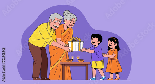 Grandparents giving a gift to grandchildren during a cultural celebration.