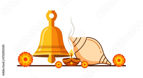 A golden bell, conch shell, and lit oil lamp with flowers, representing a cultural celebration.