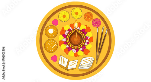 A Diwali thali with sweets, flowers, diya, and incense sticks arranged beautifully.