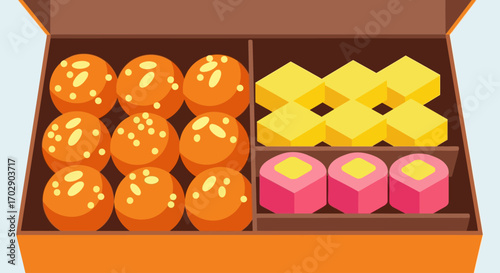 An open brown box filled with an assortment of colorful Indian sweets, including orange laddoos, yellow barfi, and pink cube-shaped mithai.