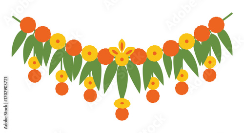 A festive decorative garland featuring orange and yellow flowers with green leaves, arranged in a traditional arch shape.