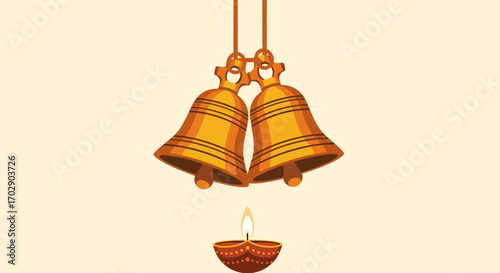 Two golden temple bells hanging above a lit traditional oil lamp on a light background.