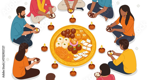 Diverse group of people celebrating a festival, sitting in a circle around a platter of traditional Indian sweets and lit diyas.