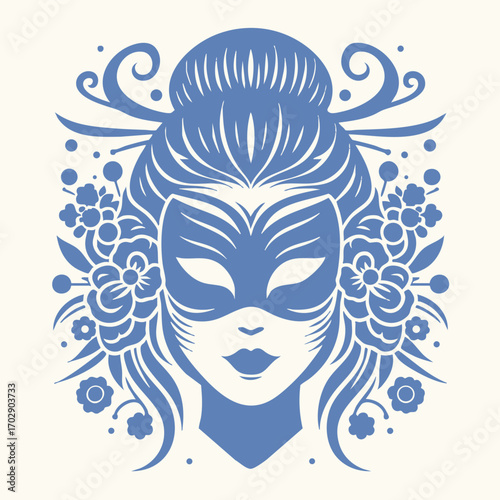 Stylized blue female face with intricate floral and ornamental patterns surrounding her hair in an elegant design