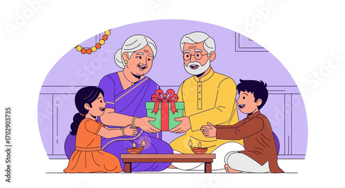 Happy grandchildren presenting a gift to their smiling grandparents, celebrating a festive occasion with traditional oil lamps.