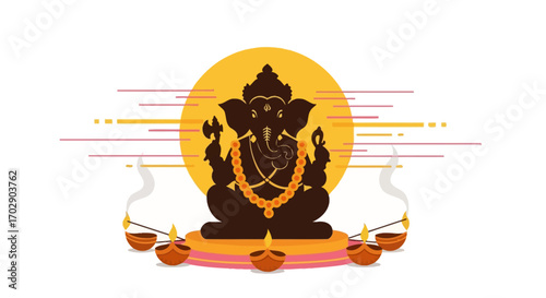 A dark silhouette illustration of Lord Ganesha seated on a platform with lit oil lamps and incense, set against a golden circle.