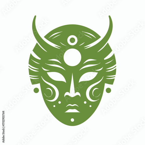 Stylized green tribal mask with horns and abstract facial markings in a symmetrical artistic design