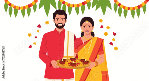 Smiling South Asian couple in traditional attire holding a plate with lit diyas and flowers under festive garlands.