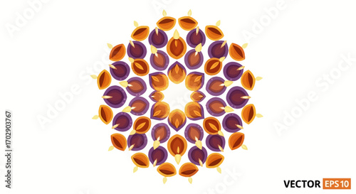 Intricate symmetrical circular mandala-like pattern composed of many stylized petal shapes in warm orange, deep purple, and golden tones.