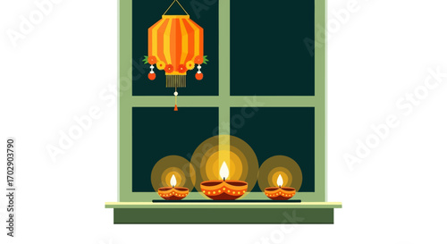 Festive scene with lit lanterns and oil lamps displayed on a windowsill at night.