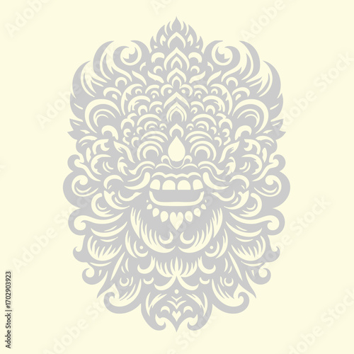 Intricate ornamental design featuring a symmetrical floral and abstract pattern with a central face motif in soft gray tones