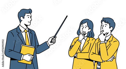 Confident presenter guides attentive team members through strategic business planning session and idea generation.