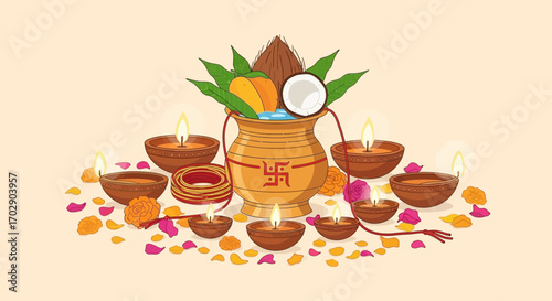 Colorful offering of fruits, flowers, and candles for a Hindu religious ceremony.