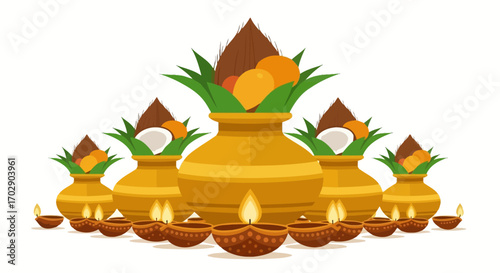 Colorful clay pots adorned with coconuts, fruits, and leaves, surrounded by lit diyas, creating a vibrant festive arrangement.