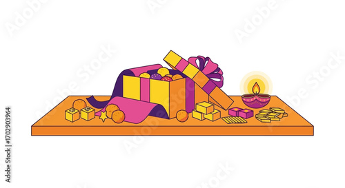 Festive Diwali gift box overflowing with sweets and treats, alongside a lit diya.