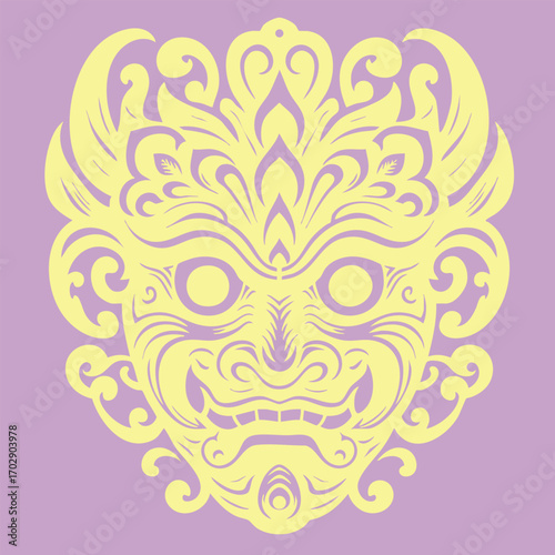 Intricate ornamental mask design featuring symmetrical swirling patterns and fierce facial expression in soft yellow and lavender colors