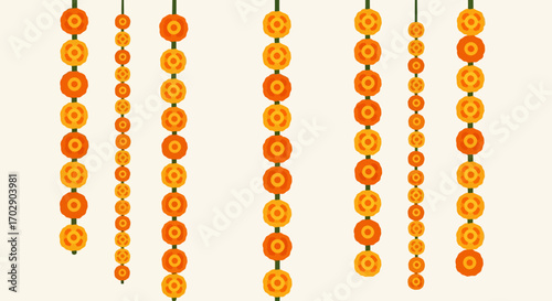 Vibrant garlands of orange and yellow flowers hang vertically, a festive floral decoration.