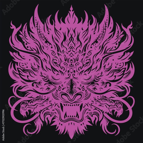 Intricate purple tribal dragon face design with sharp teeth and elaborate flame-like patterns on black background