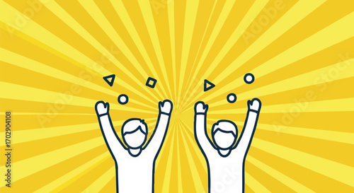 Celebrating team achievement with hands up in joy against a vibrant yellow burst background design