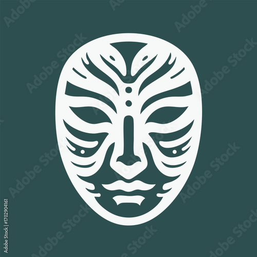 White tribal mask with intricate symmetrical patterns and facial features on dark teal background design