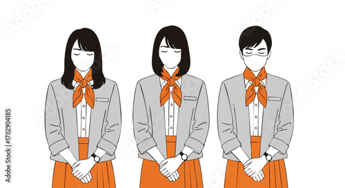 Professional team members in uniform showing respect and readiness for service in modern business setting