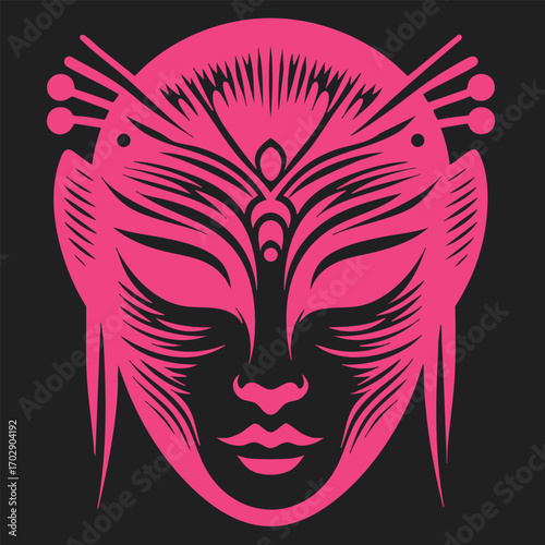 Intricate pink tribal mask design with symmetrical abstract patterns and ornamental facial features on dark background
