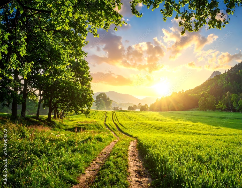 Fototapeta premium Idyllic rural landscape bathed in golden sunlight during the serene sunrise