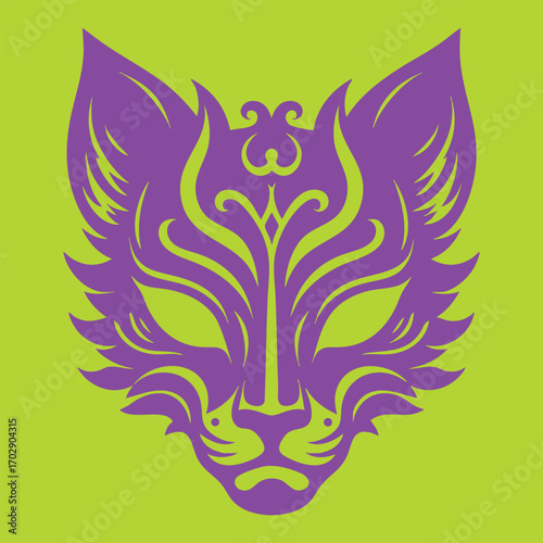 Intricate purple tribal fox face design with symmetrical abstract patterns on bright green background artwork