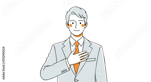 Confident businessman in suit places hand on chest expressing sincerity and trust