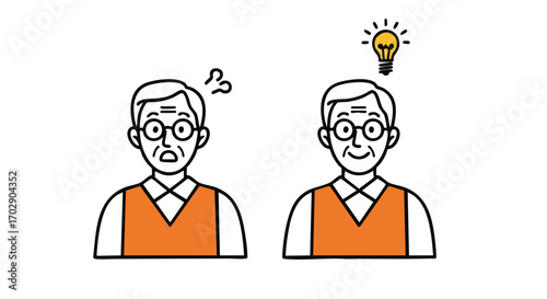 Overwhelmed mature man finds bright idea, feeling inspired and creative with solution