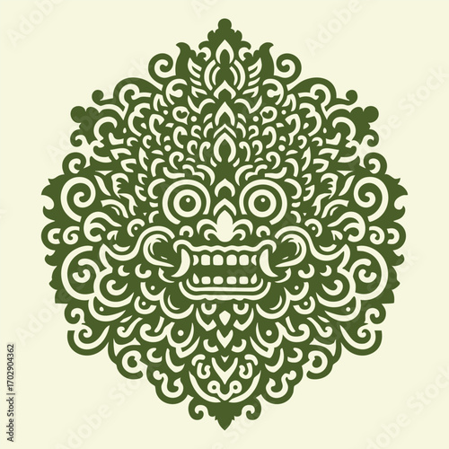 Intricate symmetrical ornamental barong design featuring a stylized fierce face with swirling patterns and detailed decorative elements