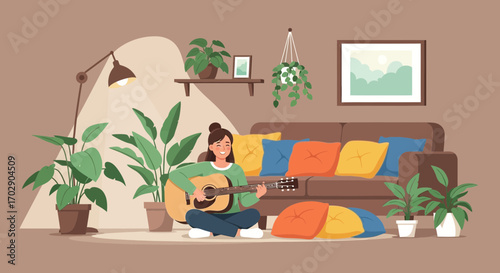 Serene scene of a woman playing guitar surrounded by plants in a cozy living room